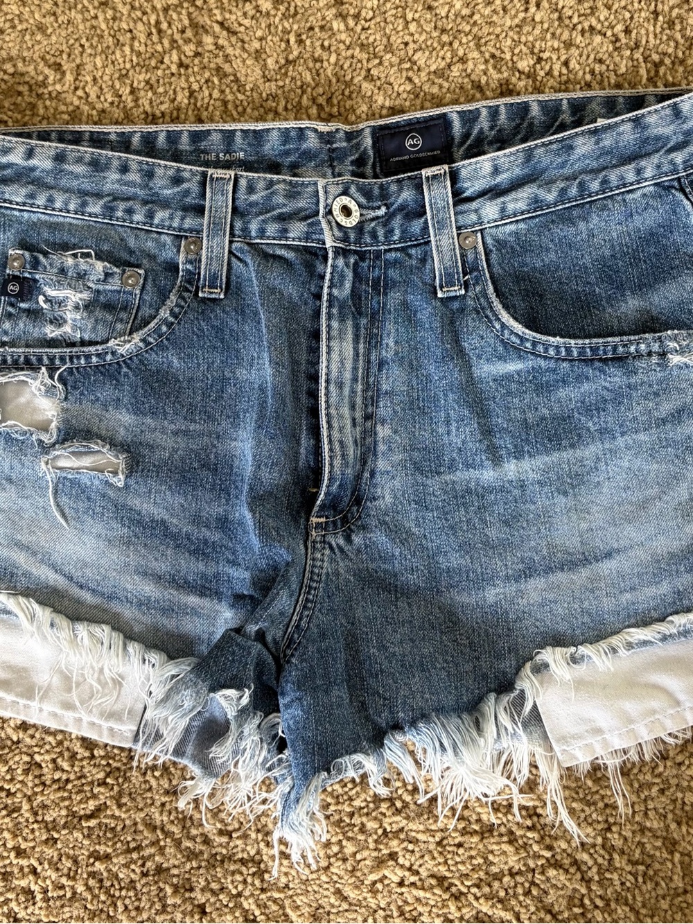 Ag Adriano Goldschmied Distressed Frayed Hem Denim Shorts in Blue